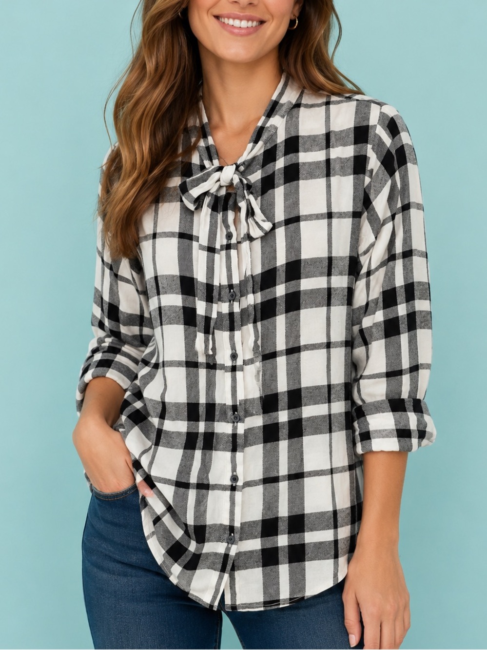 Banana Republic Dillon Plaid Flannel Tie Neck Blouse Black White L